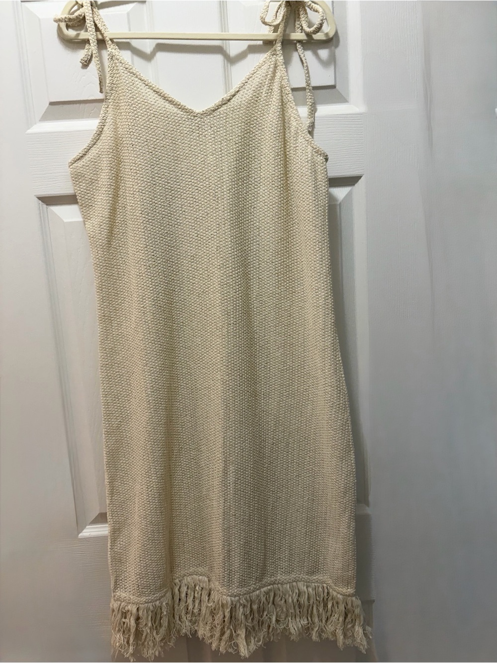Cream Knit Fringe Tie-Strap Midi Dress 100% Cotton Boho Coastal